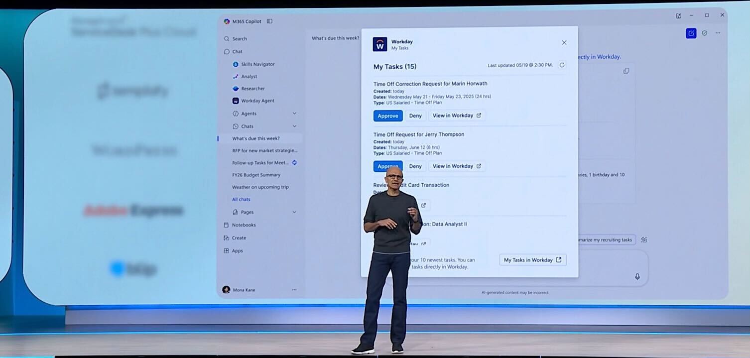 Satya Nadella presenting Workday Copilot integration at Microsoft Build