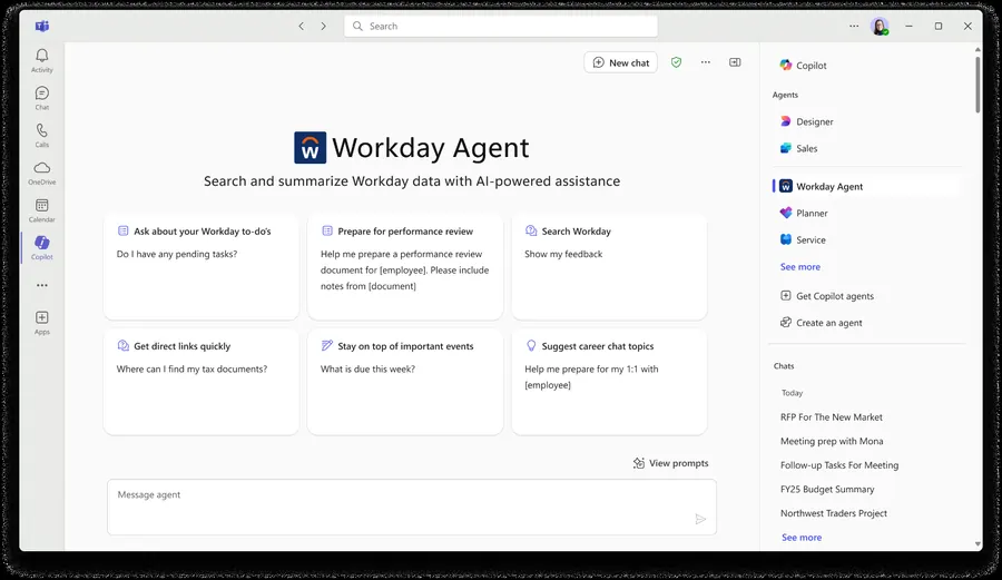 Workday Agent landing page inside Microsoft Teams Copilot